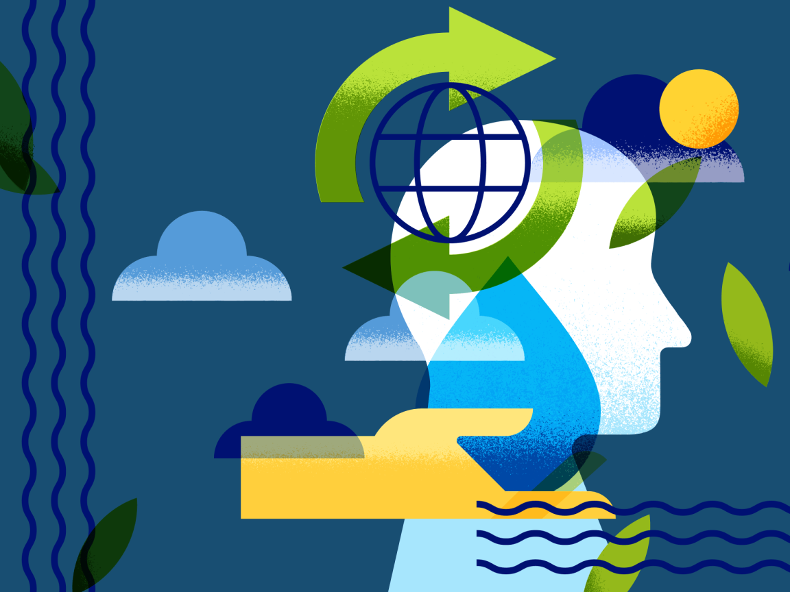 Illustration einer Person im Profil mit überlagerten Recycling-Pfeilen und Globus-Symbol, umgeben von Wellenlinien, Wolken, Sonne und Blättern als Darstellung der globalen Wasserkrise.
