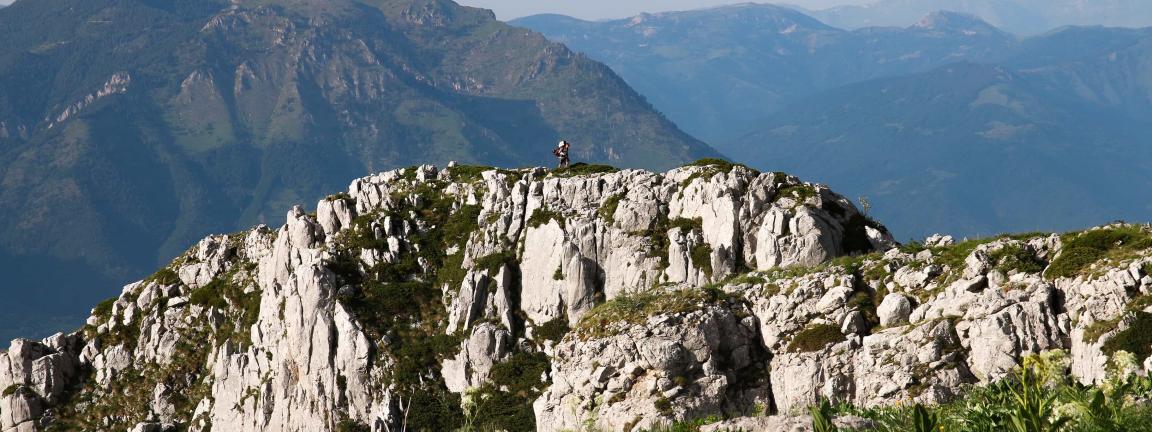 A lone hiker stands on a white rocky plateau overlooking forested mountain ranges in the background.