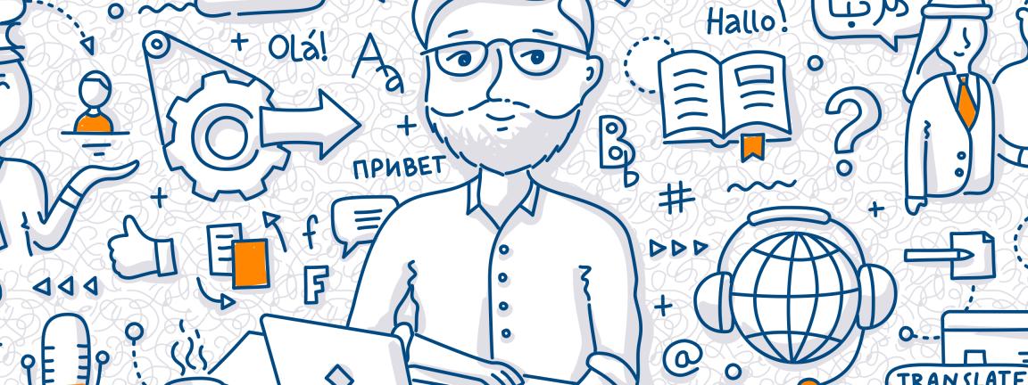 Illustration of a bearded man with glasses at a laptop, surrounded by symbols and words in various languages representing communication and translation.