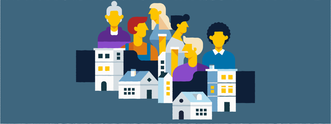 Illustration of several people and houses on a dark blue background, symbolizing community and housing.