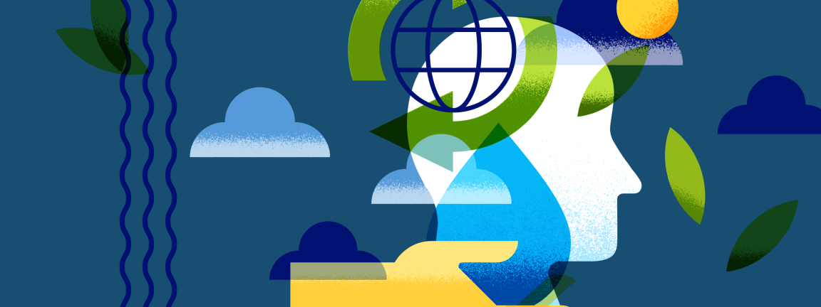 Illustration einer Person im Profil mit überlagerten Recycling-Pfeilen und Globus-Symbol, umgeben von Wellenlinien, Wolken, Sonne und Blättern als Darstellung der globalen Wasserkrise.