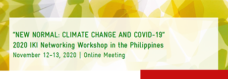 Schriftzug: "'New normal: Climate change an Covid-19' 2020 IKI Networking Norkshop in the Philippines; November 12-13. 2020 | Online Meeting" auf einem Hintergrund aus abstrakten Formen in hellen Grün- und Gelbtönen.