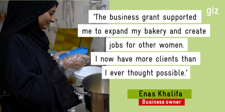 Portait of business owner Enas Khalifa and a quote stating "The business grant supported me to expand my bakery and create jobs for other women. I now have more clients than I ever thought possible".