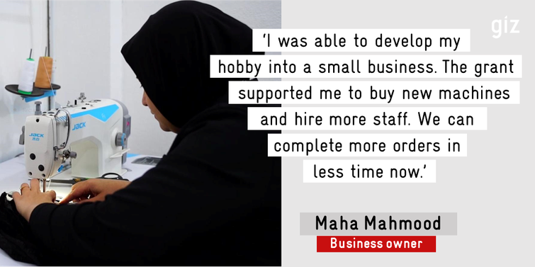 Portait of business owner Maha Mahmood and a quote stating "I was able to develop my hobby into a small business. The grant suppoerted me to buy new machines and hire more staff. We can complete more orders in less time now".