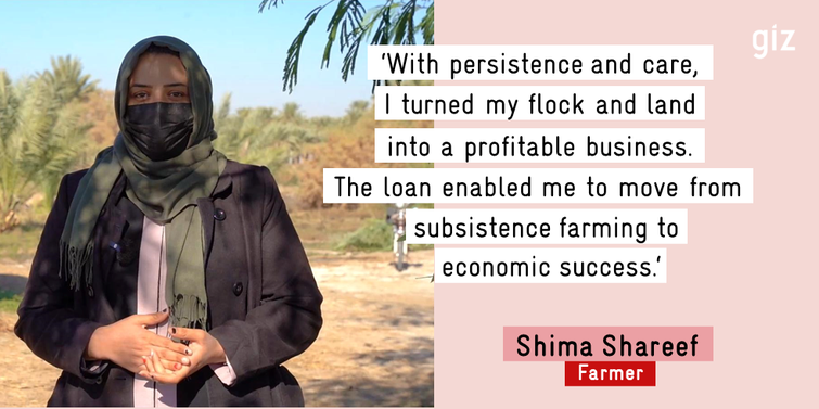 Portait of farmer Shima Shareef and a quote stating "With persistence and care, I turned may flock and land into a profitable business. The loan enabled me to move from subsistence farming to economic success".