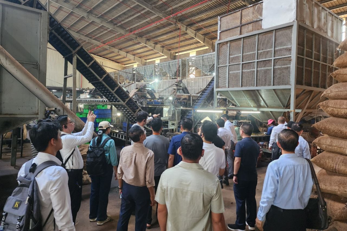 A group of men is visiting a factory hall where agricultural products are being processed. 