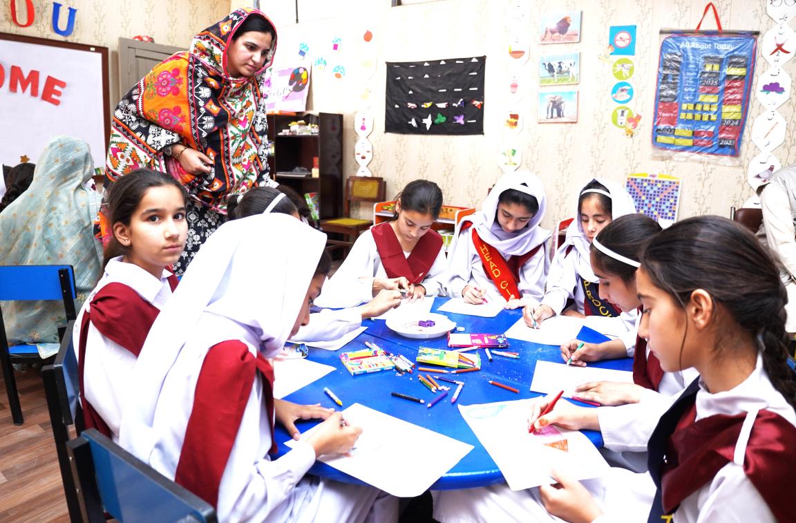 A teacher leading an MHPSS session using creative activities to help the students learn how to express their emotions.