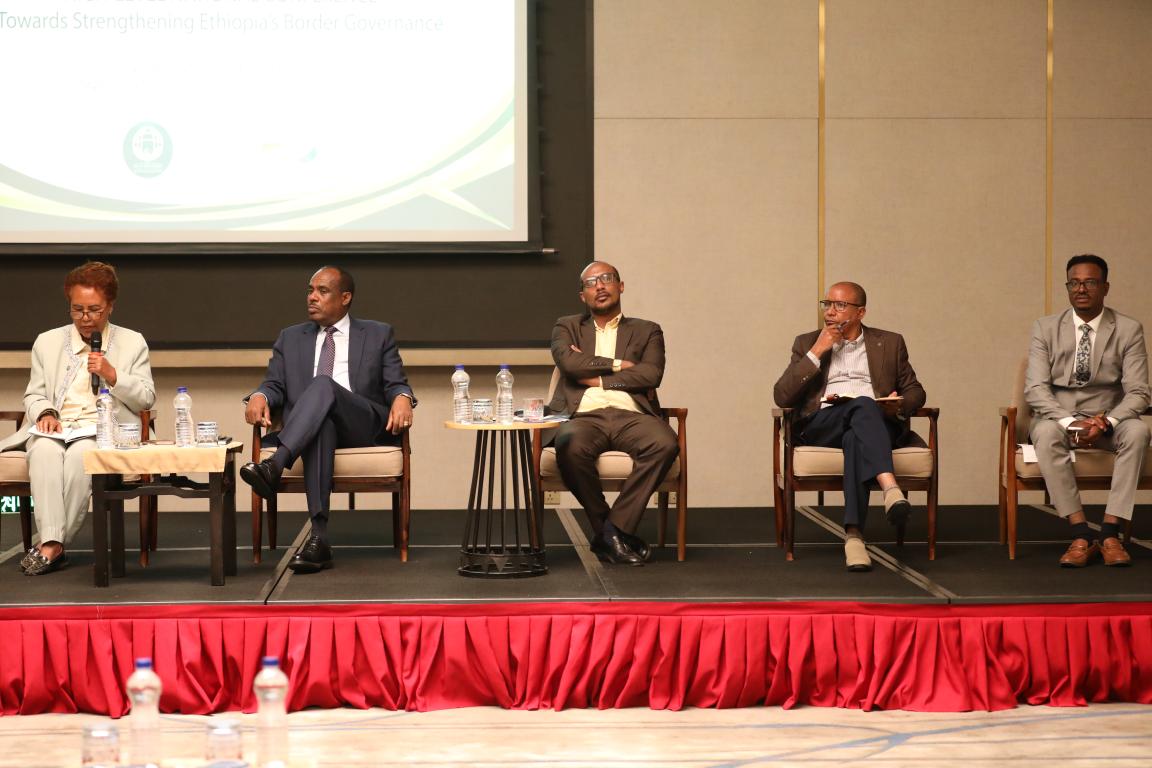 FDRE Government representatives (right to left) from the House of Peoples' Representatives, the Prime Minister's Office, the Ministry of Peace, Immigration and Citizenship Services, and Refugees and Returnees Affairs participate in the high-level panel discussion, "Towards Improving Ethiopia's Border Governance."