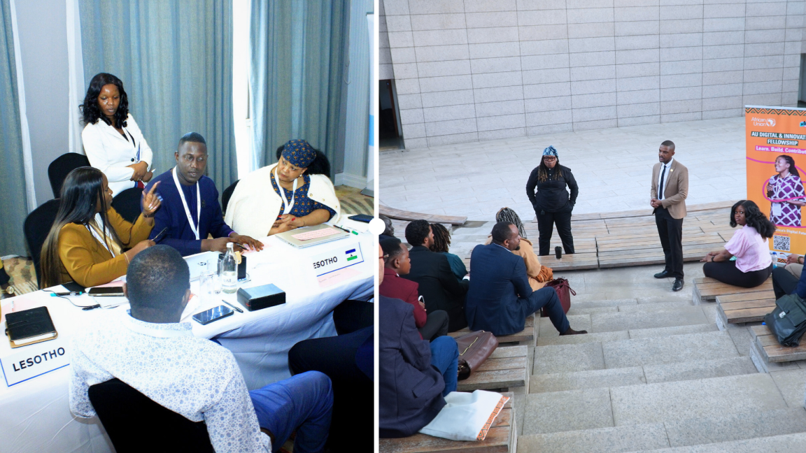 Left: Fireside chat between previous and new fellows of the AU Digital and Innovation Fellowship in April 2026.    Right: Team Lesotho at the regional peer learning event between data regulators in June 2026. 