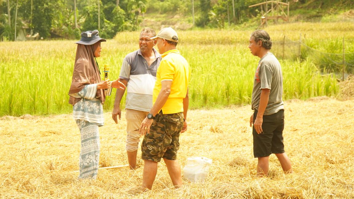 Photograph of four people standing and talking in a harvested field with green crops in the background. The group includes a woman wearing a hat and headscarf, and three men dressed casually, suggesting a discussion related to farming or agriculture.