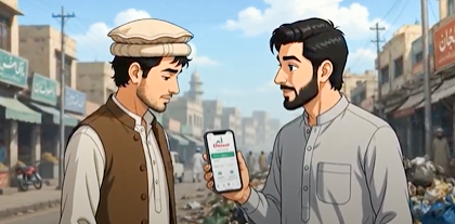 Two animated male characters holding a mobile with the Ehsaas Baldia app showing on the screen 