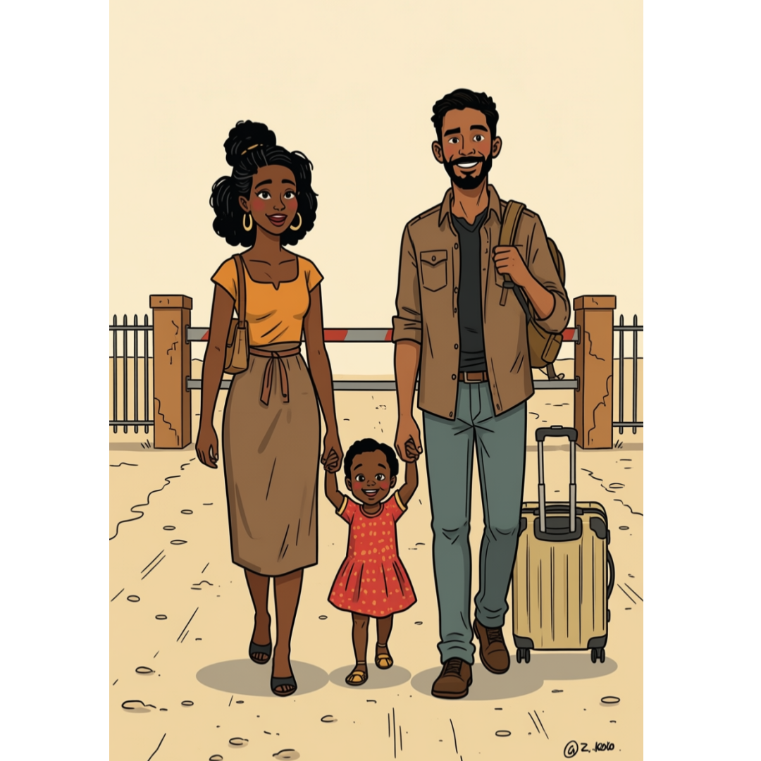 An illustration of a family (woman,child, man) at the border