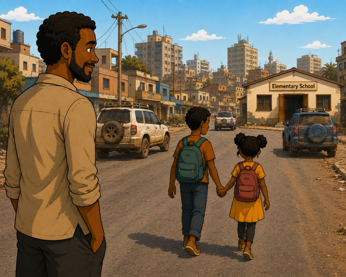 a man and two children on pictured on the road