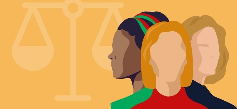 Eine Grafik, die drei unterschiedliche Frauen abbildet und eine Waage im Hintergrund.