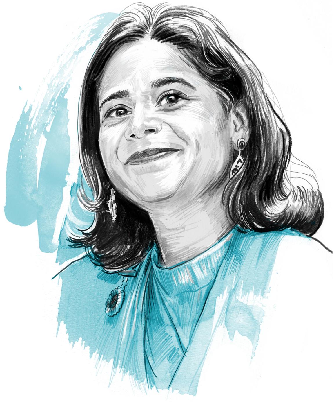 Porträt einer Frau im gezeichneten Stil mit blauen Akzenten