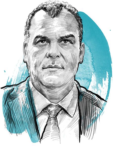 Porträt einem Mann im gezeichneten Stil mit blauen Akzenten