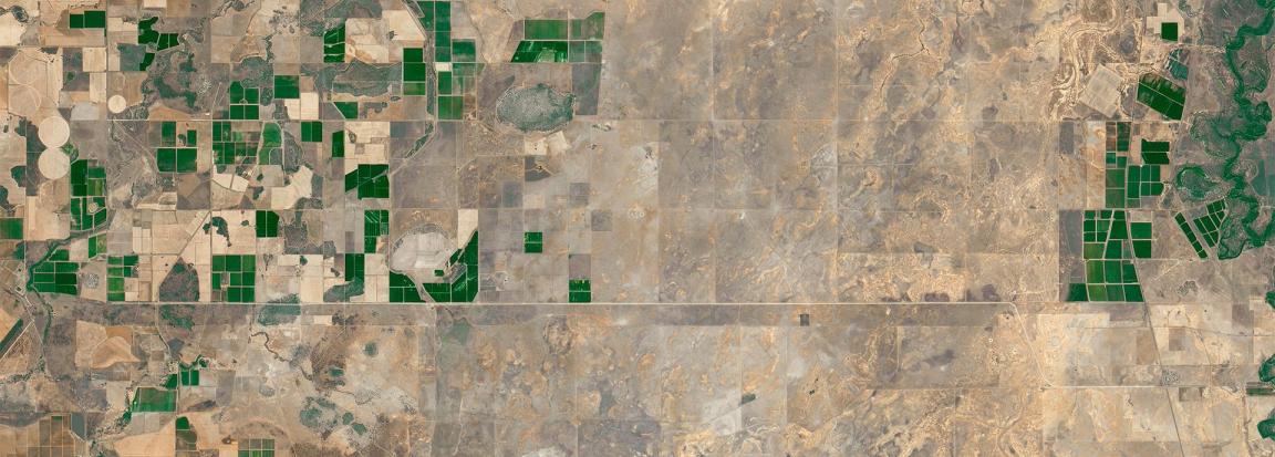 Satelitenbild auf dem bewirtschaftete Flächen und Wüste zu sehen sind