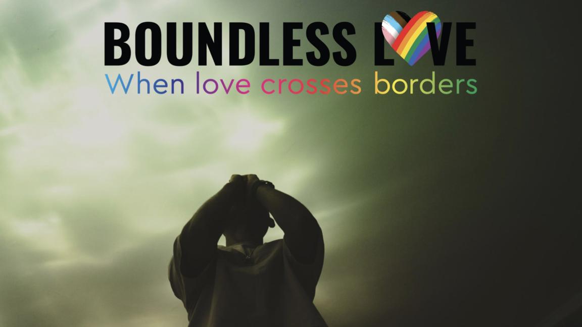 Silhouette einer betenden Person unter dramatischem Himmel, mit dem Text „Boundless Love – When love crosses borders“ und einem regenbogenfarbenen Herz.