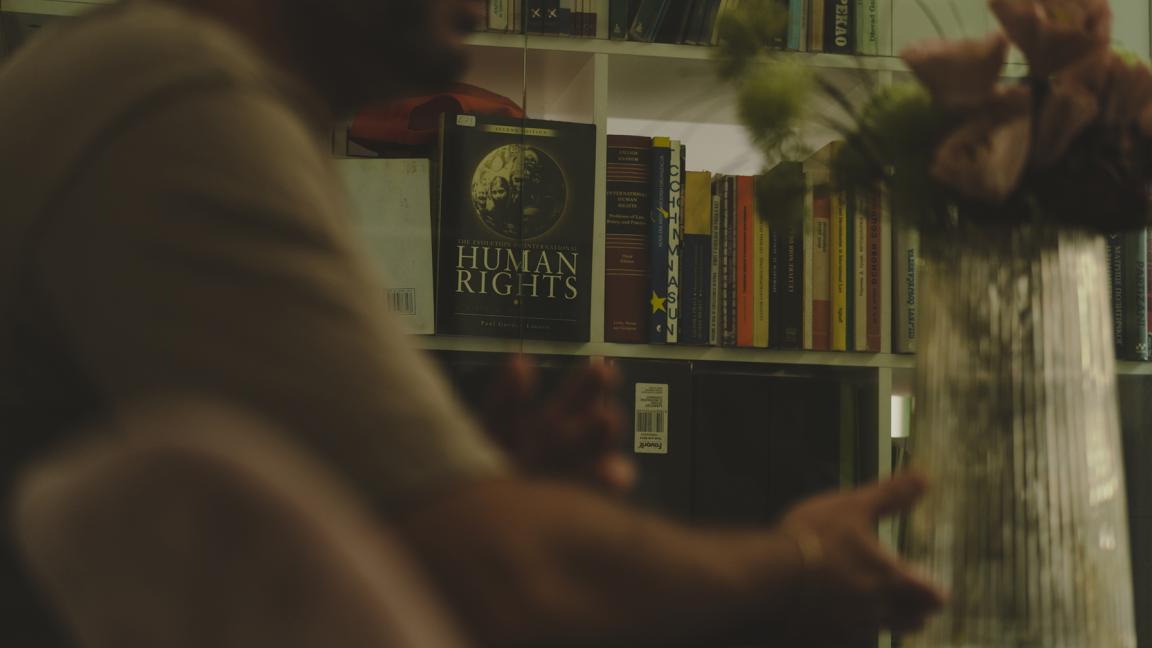 Unscharfe Szene mit einer Person vor einem Bücherregal, in dem ein Buch mit dem Titel „Human Rights“ deutlich sichtbar ist.