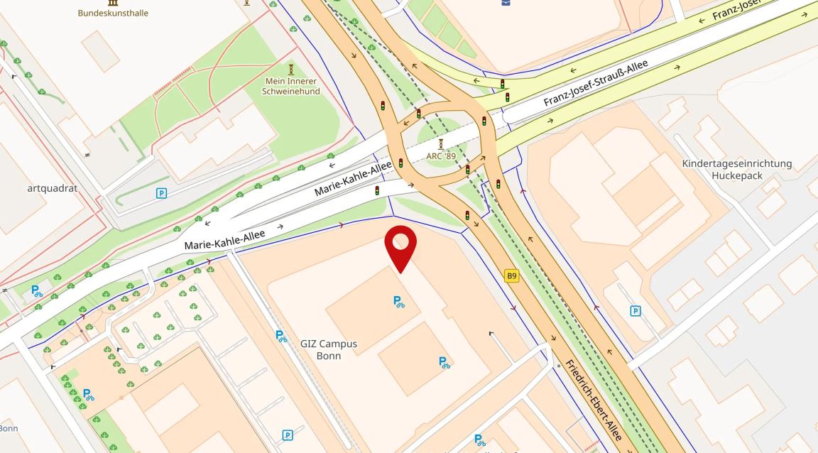 Kartenansicht von Bonn, auf dem der Standort der GIZ markiert ist.