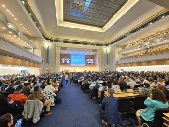 View of the plenary hall during the UN negotiations on the plastics agreement.