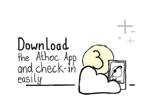 Slide saying "3. Download the Athoc App and check-in easily"