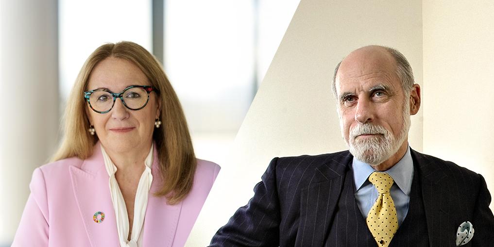 Split portrait of a woman in a pink blazer and a man in a pinstripe suit with a yellow tie, both in front of bright backgrounds.