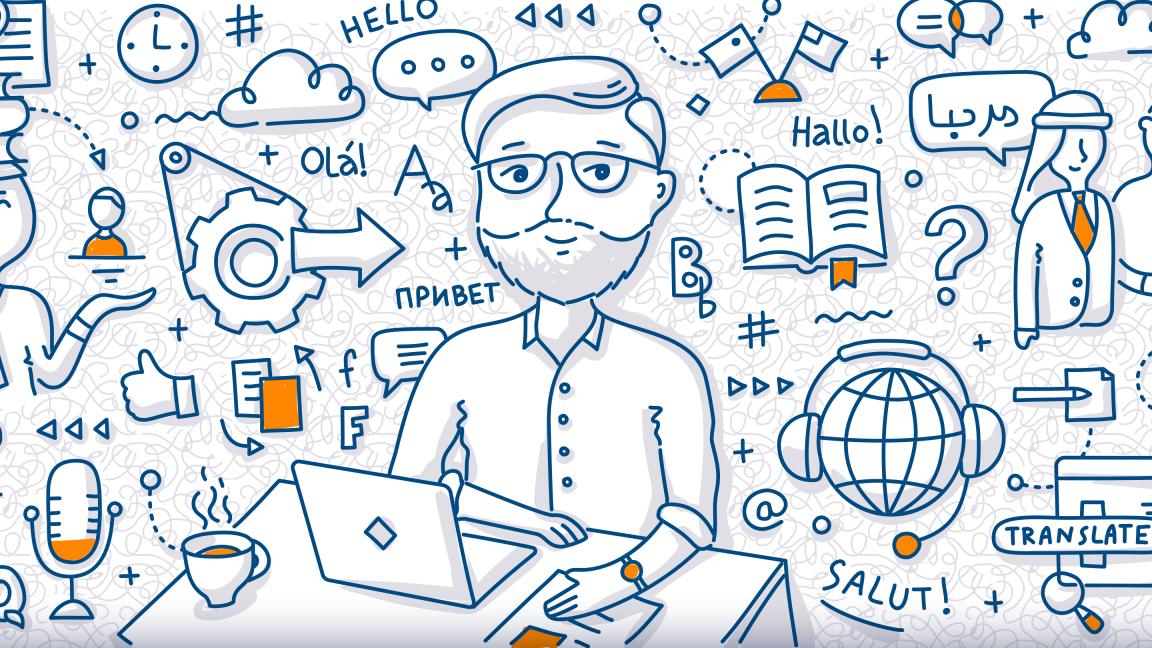 Illustration of a bearded man with glasses at a laptop, surrounded by symbols and words in various languages representing communication and translation.