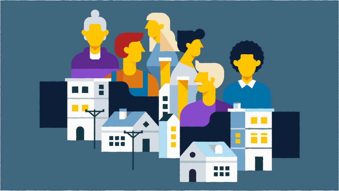 Illustration of several people and houses on a dark blue background, symbolizing community and housing.