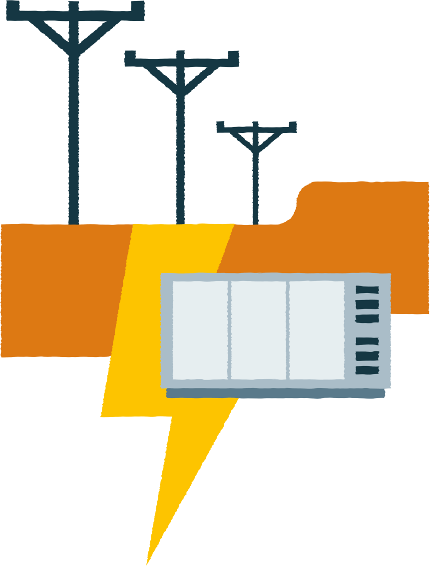 Illustration showing power poles, an orange band, and a yellow lightning bolt leading into a gray electrical control box.