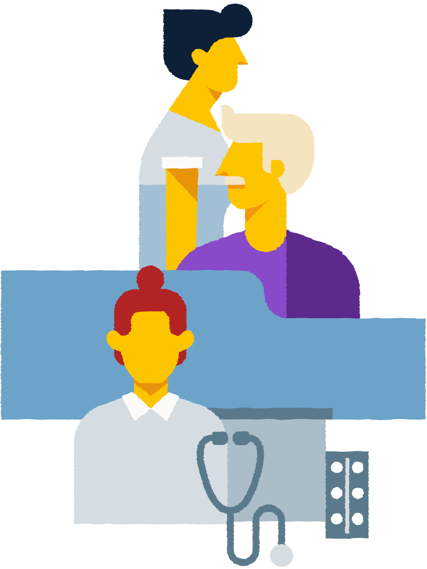 Illustration of three people behind a counter with a stethoscope and a blister pack of pills, suggesting medical care.