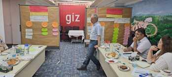People sitting and standing together in a room at a strategic planning session. In the background are writing boards with notes.
