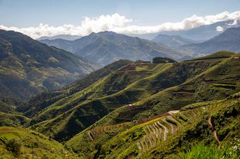 Panorama of a green mountain landscape.