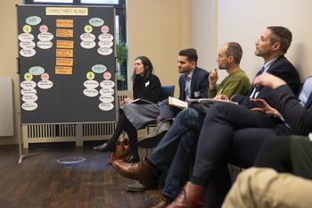 People taking part in a workshop sitting together and discussing sustainability in MSPs.