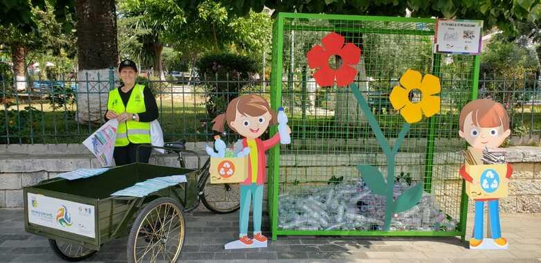 Moments from awareness-raising campaigns in Albania on sustainable resource management and recycling of resources.