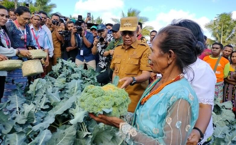 A group of people inspecting and holding freshly harvested broccoli during a horticultural farming event in South Central Timor, East Nusa Tenggara.