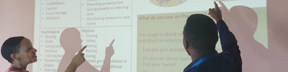 Zwei Personen zeigen auf ein Schaubild, das auf eine Leinwand geworfen wird