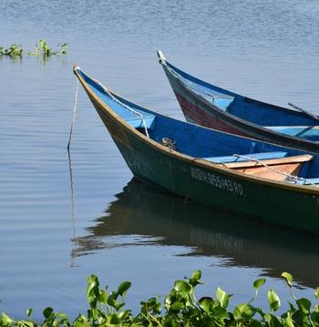 Two fishing boats at a mooring.