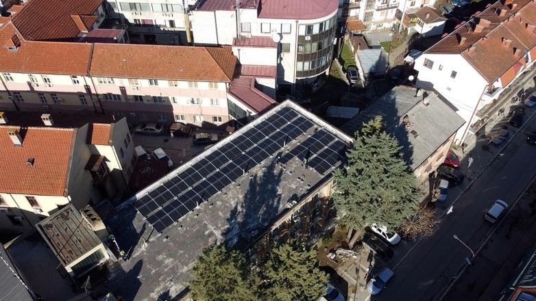 View from above of a building with solar panels