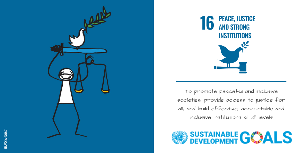 A graphic comprising two halves. The left side shows a stick figure against a blue background. The figure has a set of scales in one hand and a sword in the other, which it holds above its head. A white dove sits on the sword with a green branch in its beak. 