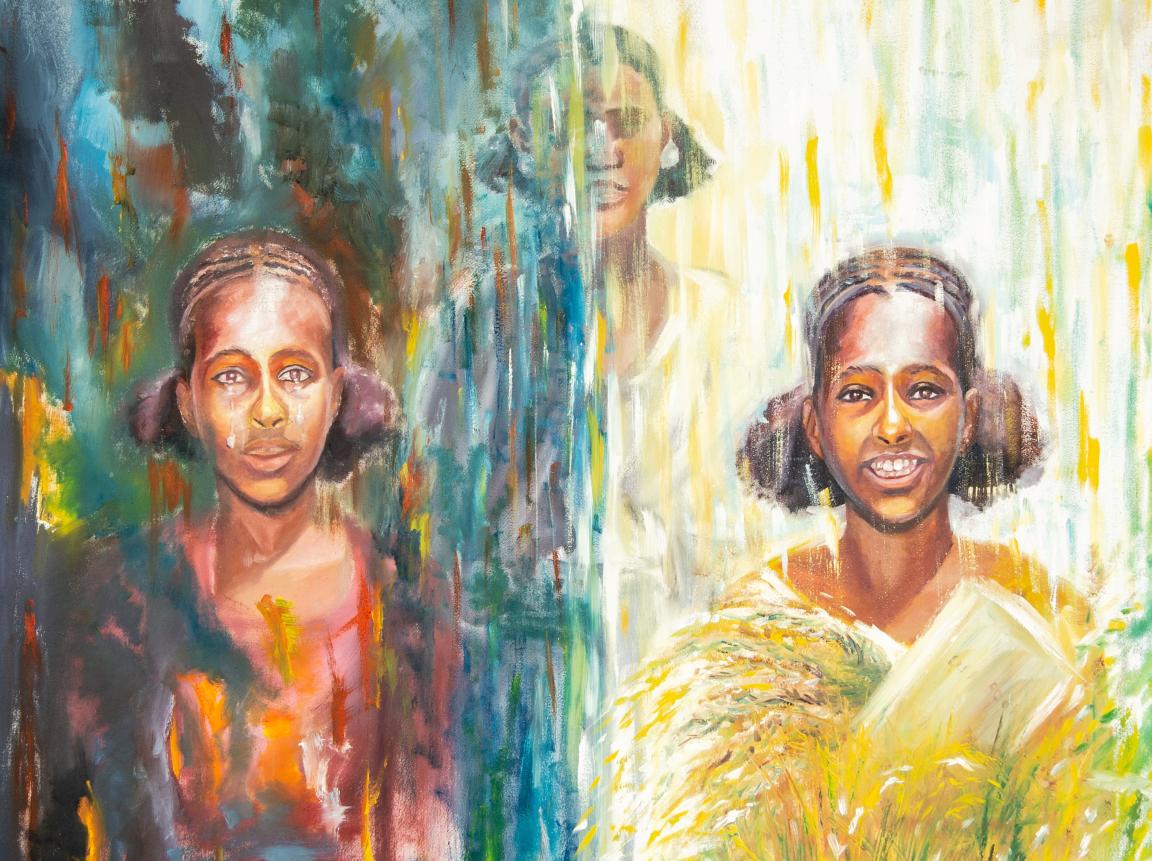 A painting showing the transition of a sad young woman to a happy one.