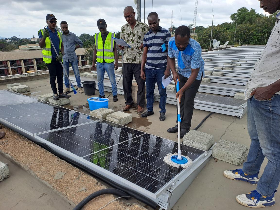 A solar panel being cleaned.