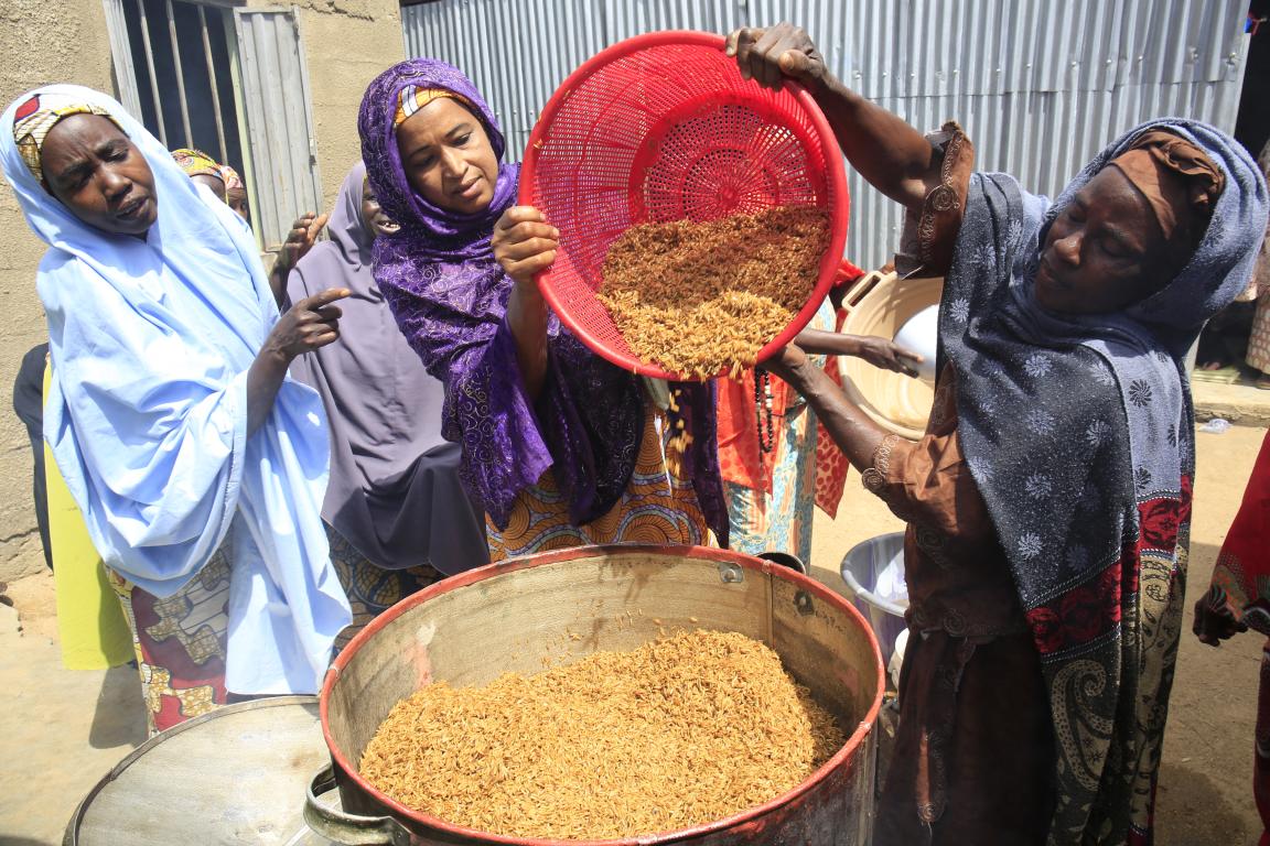 Im Rahmen einer Schulung zu verbesserten Parboiling-Methoden schütten westafrikanische Frauen Reis in einen Topf.