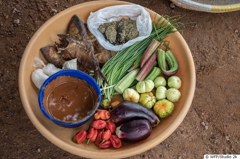 Zutaten und Gemüse, die zur Erntezeit für die Zubereitung der Tôh-Suppe zur Verfügung stehen. © WFP/Studio 2k Guinea