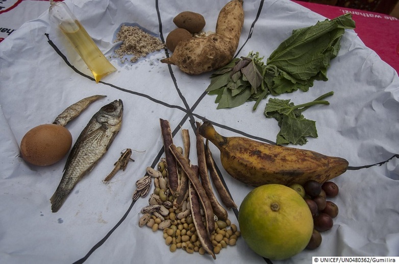 Detailansicht von Gemüse, Trockenfisch, gemahlenen Nüssen und Bananen (sechs Lebensmittelgruppen). © UNICEF/UN0704735/Khanyizira
