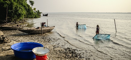 Ein Strand an dem ein traditionelles Fischerboot liegt. Im Wasser fangen Menschen Fisch mit Netzen.