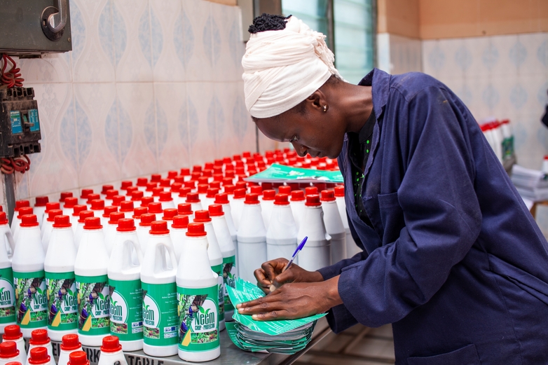 Eine Frau beschriftet Flaschen mit NEEM-Crop Protector, einem vor Ort produzierten Schädlingsbekämpfungsmittel, das für eine nachhaltige, klimasensible Landwirtschaft entwickelt wurde.