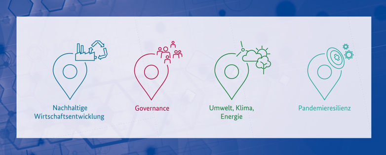 Grafik mit den Themenschwerpunkten des Bund-Länder-Programms: Nachhaltige Wirtschaftsentwicklung, Governance, Umwelt, Klima und Energie sowie Pandemieresilienz. Copyright: GIZ