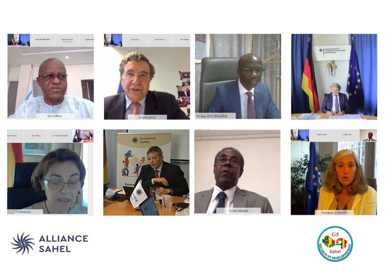 Steuerungsgremiumssitzung der Sahel-Allianz im Juni 2021 unter dem Vorsitz des BMZ Unterabteilungsleiters C. Rauh (oben rechts). © giz / Aude Rossignol