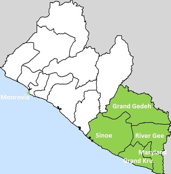 Projekteinsatzgebiete im Südosten von Liberia und in Montserrado (Monrovia).